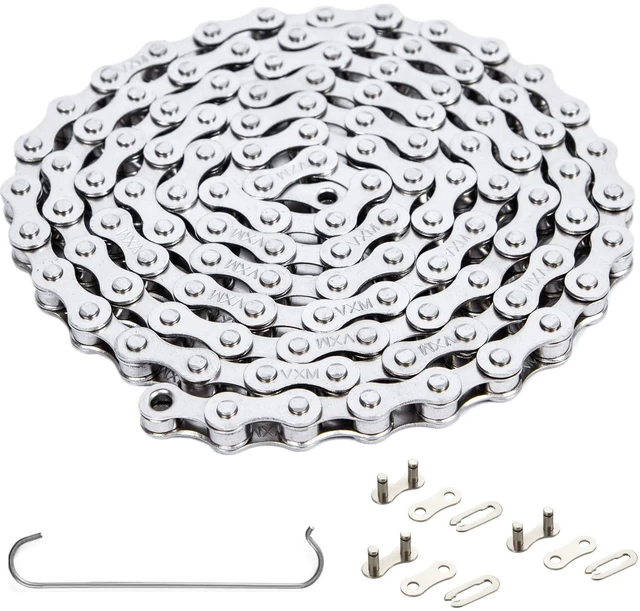 Main image of 1-Speed Bike Chain 1/2" x 1/8" 114L Military-Grade Silver Plated Chain with 3 QuickLinks | 11,000 PSI Tensile Strength & US Winter-Proof | Shimano/SRAM Compatible | Tool-Free 90-Second Install