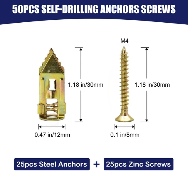 Alt view image 2 of 7 - 50 pcs Self-Drilling Drywall Anchors with Screws, 0.47x1.18 Inch Zinc Plated Steel Drywall Wall Anchors and Screws Kit Heavy Duty, Easy Application No Drill or Holes in Wall