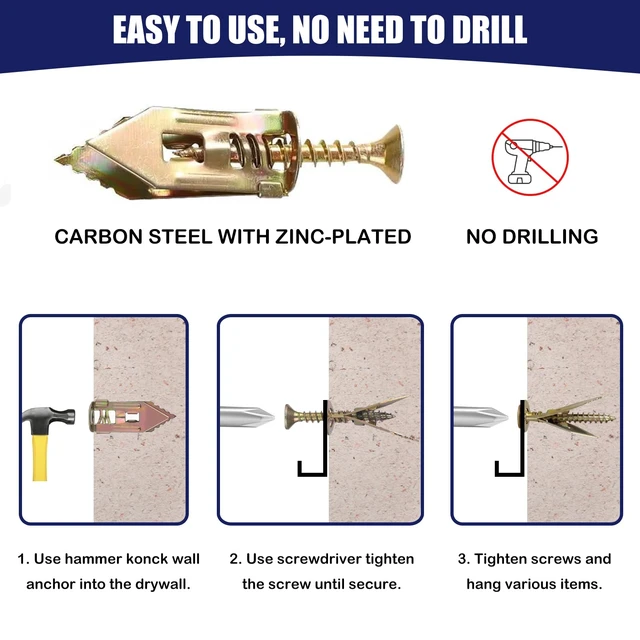Alt view image 4 of 7 - 50 pcs Self-Drilling Drywall Anchors with Screws, 0.47x1.18 Inch Zinc Plated Steel Drywall Wall Anchors and Screws Kit Heavy Duty, Easy Application No Drill or Holes in Wall