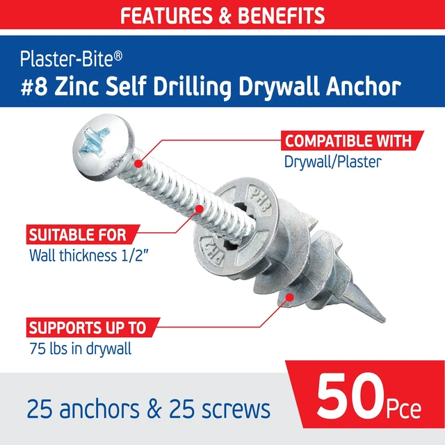 Alt view image 2 of 6 - Self Drilling Drywall Anchors Zinc with Drywall Screws (25 Metal Anchors & 25 Screws) Heavy Duty Plaster/Hollow Wall Anchors for Drywall Kit 3/8", 1/2", 5/8" 75 lbs Holding Strength