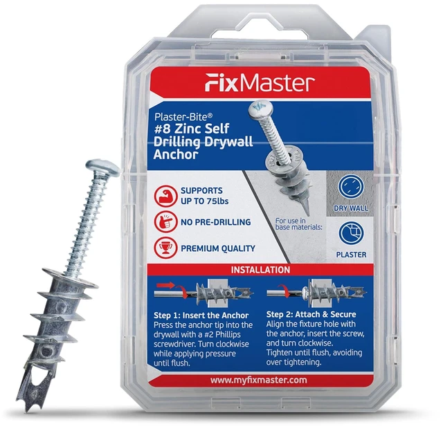 Main image of Self Drilling Drywall Anchors Zinc with Drywall Screws (25 Metal Anchors & 25 Screws) Heavy Duty Plaster/Hollow Wall Anchors for Drywall Kit 3/8", 1/2", 5/8" 75 lbs Holding Strength