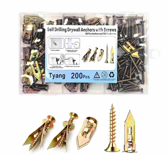 Main image of Drywall Self Drilling Anchors with Screws Kit, 200 PCS | 100 PCS Sheetrock Anchors (0.47X1.18inch), 100 PCS Screws, No Drilling or Punching Holes Needed