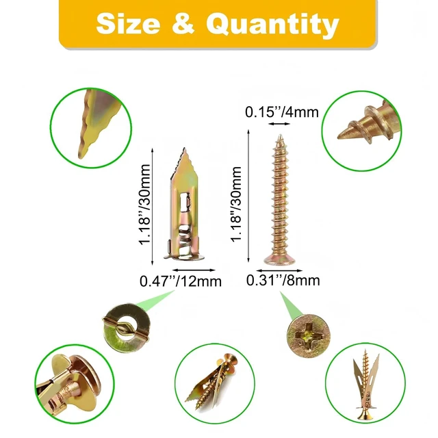 Alt view image 2 of 7 - Drywall Self Drilling Anchors with Screws Kit, 200 PCS | 100 PCS Sheetrock Anchors (0.47X1.18inch), 100 PCS Screws, No Drilling or Punching Holes Needed