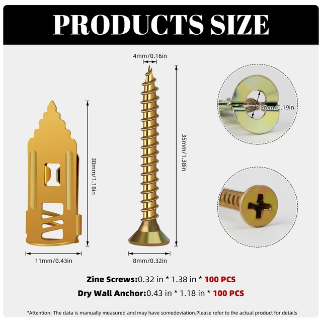 Alt view image 2 of 7 - 200 Pcs Self Drilling Drywall Anchors with Screws Kit, Metal Expansion Bolt for Drywall,No Drill Or Holes in Wall, Holds Up to 100lbs, for Tv, Shelves, Picture Frames