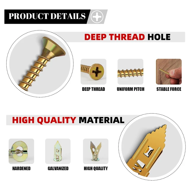 Alt view image 3 of 7 - 200 Pcs Self Drilling Drywall Anchors with Screws Kit, Metal Expansion Bolt for Drywall,No Drill Or Holes in Wall, Holds Up to 100lbs, for Tv, Shelves, Picture Frames