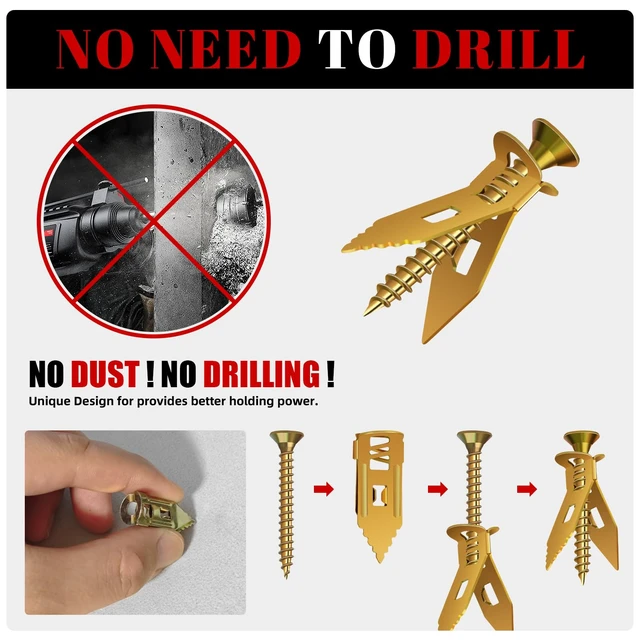 Alt view image 4 of 7 - 200 Pcs Self Drilling Drywall Anchors with Screws Kit, Metal Expansion Bolt for Drywall,No Drill Or Holes in Wall, Holds Up to 100lbs, for Tv, Shelves, Picture Frames