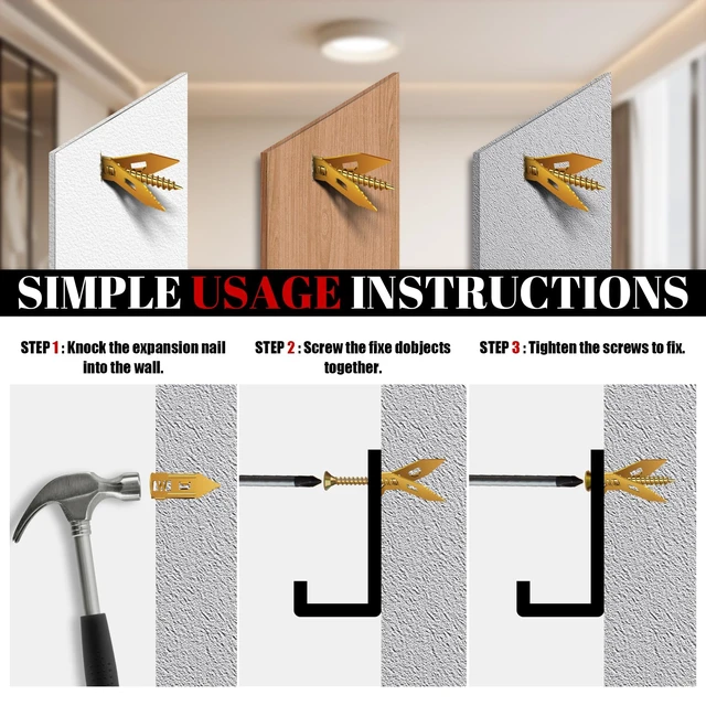 Alt view image 5 of 7 - 200 Pcs Self Drilling Drywall Anchors with Screws Kit, Metal Expansion Bolt for Drywall,No Drill Or Holes in Wall, Holds Up to 100lbs, for Tv, Shelves, Picture Frames