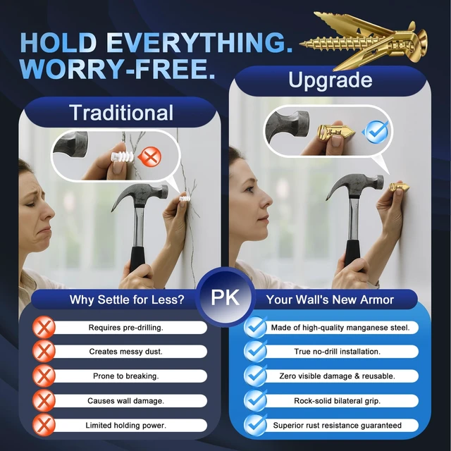 Alt view image 4 of 6 - 160Pcs Metal Heavy Duty Self Drilling Drywall Anchors with Screws | 3-Size Manganese Steel Self Drilling Wall Anchors, No Drill Reusable, Holds 50-110lb for TV Mount, Shelves, Sheetrock