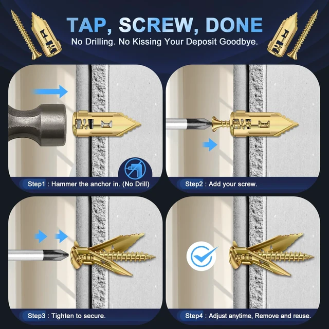 Alt view image 3 of 6 - 160Pcs Metal Heavy Duty Self Drilling Drywall Anchors with Screws | 3-Size Manganese Steel Self Drilling Wall Anchors, No Drill Reusable, Holds 50-110lb for TV Mount, Shelves, Sheetrock