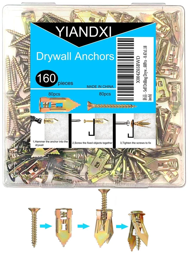 Main image of 160Pcs Self Drilling Drywall Anchors with Screws Kit,Upgraded Metal & Heavy Duty Sheetrock Anchors,Easy to Install,for Picture Frames, Shelves,TV,Curtains, Mirrors,Clocks & Home Decor