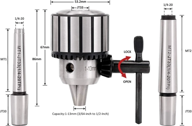 Alt view image 2 of 7 - 4-Piece 1/2-Inch Drill Chuck Set with Key and Morse Taper Arbors | Includes JT33-MT1 and JT33-MT2 arbors, 1/32-1/2-inch clamping range and 0.005-inch accuracy for lathes and drill presses.