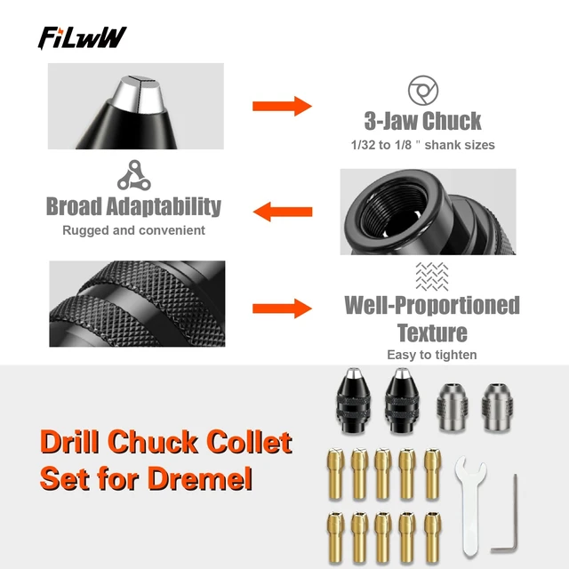 Alt view image 2 of 7 - Drill Chuck Collet Set for Dremel, 16PCS 0.8-3.2mm Replacement 4486 Drill Keyless Bit Chuck Shank Rotary Tool Quick Change Adapter