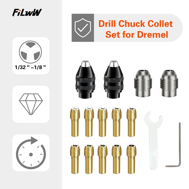 Alt view image 4 of 7 - Drill Chuck Collet Set for Dremel, 16PCS 0.8-3.2mm Replacement 4486 Drill Keyless Bit Chuck Shank Rotary Tool Quick Change Adapter