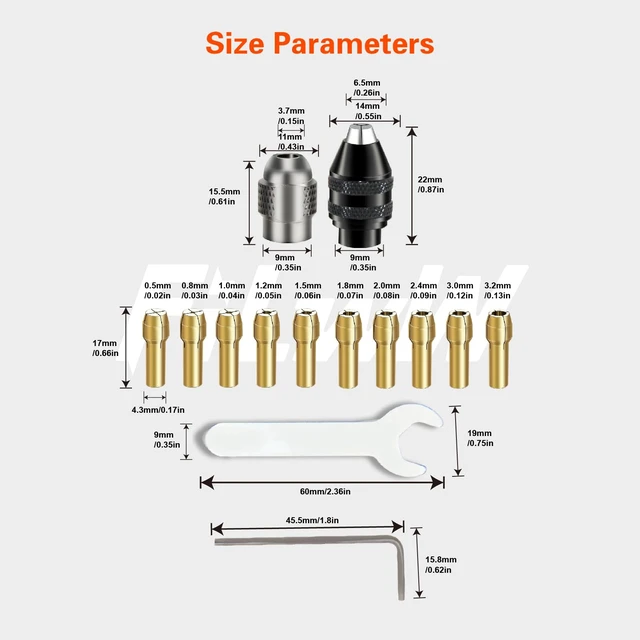 Alt view image 7 of 7 - Drill Chuck Collet Set for Dremel, 16PCS 0.8-3.2mm Replacement 4486 Drill Keyless Bit Chuck Shank Rotary Tool Quick Change Adapter