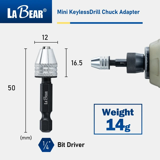 Alt view image 2 of 7 - Keyless Mini Drill Chuck Adapter, 1/4" Hex Shank, 0.3-3.2mm | 3-jaw grip, quick-change fit, Aluminum alloy body, Steel hex shank, Compact adapter for light-duty drilling