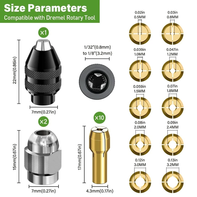Alt view image 4 of 6 - 0.8-3.2mm Shank Replacement 4486 Rotary Tool Keyless Quick Change Chuck Accessory with Replacement 4485 Brass Collet Metal Nut