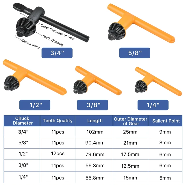 Alt view image 2 of 7 - 5 Sizes Drill Chuck Key, Drill Press Chuck Key Replacement for Craftsman | High Hardness Wear Resistant Carbon Steel, Chuck Diameter: 1/4" / 3/8" / 1/2" / 5/8" 3/4", Ckuck Keys for Drill Press