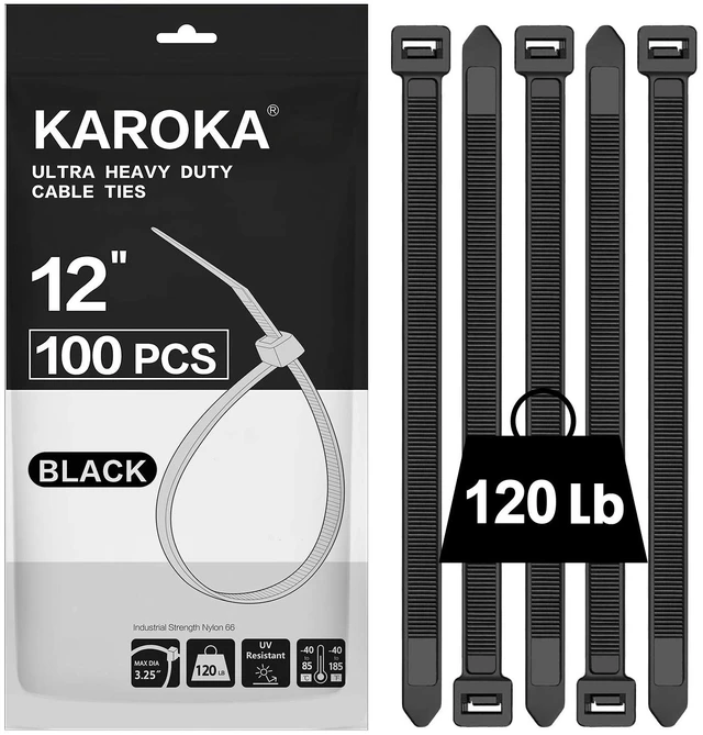 Main image of 12 inch Heavy Duty Zip Ties with 120 Pounds Tensile Strength, Black Cable Ties, 100 Pieces,by Karoka