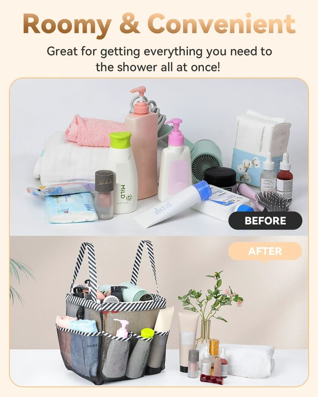 Alt view image 5 of 7 - Mesh Shower Caddy Portable for College Dorm Room Essentials | Large Capacity 8-Pocket Shower Tote Bag, Toiletry Organizer with Quick-Dry and Dual Handles for Dorm, Gym, Travel, Camping