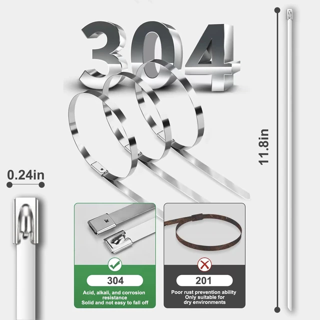 Alt view image 2 of 7 - 100-Pack Metal Zip Ties 11.8 inch, Heavy Duty 304 Stainless Steel Self-Locking Cable Ties for Outdoor Use, Multifunctional Cable Ties for Exhaust Wrap, Chain Link Fence Parts, Farms, Pipes