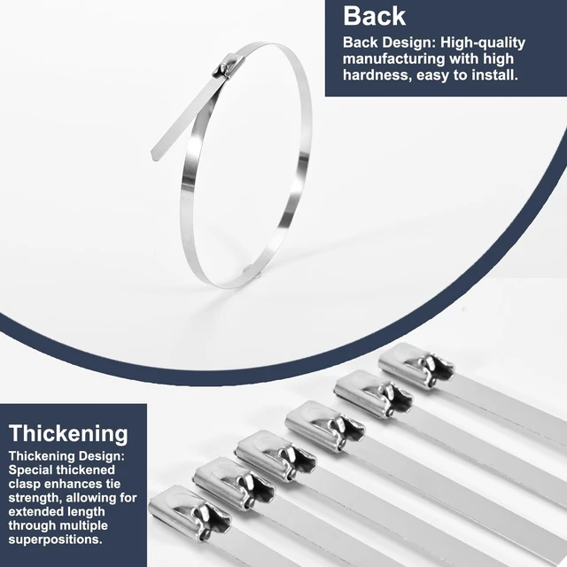 Alt view image 4 of 7 - 100-Pack Metal Zip Ties 11.8 inch, Heavy Duty 304 Stainless Steel Self-Locking Cable Ties for Outdoor Use, Multifunctional Cable Ties for Exhaust Wrap, Chain Link Fence Parts, Farms, Pipes