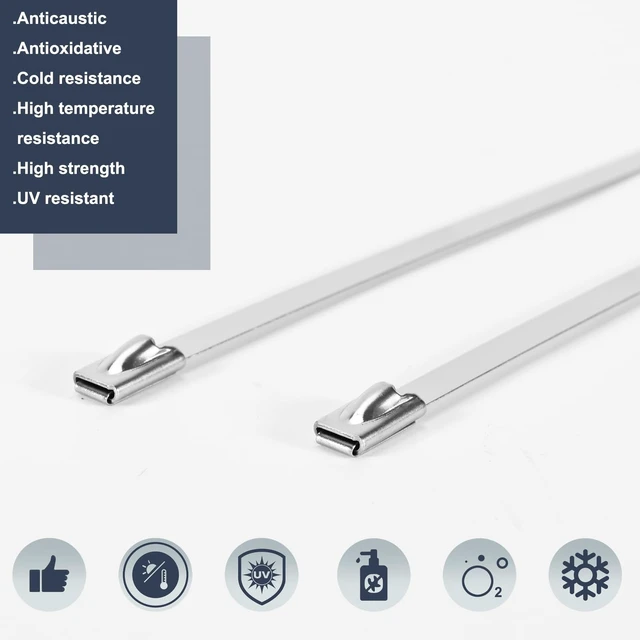 Alt view image 5 of 7 - 100-Pack Metal Zip Ties 11.8 inch, Heavy Duty 304 Stainless Steel Self-Locking Cable Ties for Outdoor Use, Multifunctional Cable Ties for Exhaust Wrap, Chain Link Fence Parts, Farms, Pipes