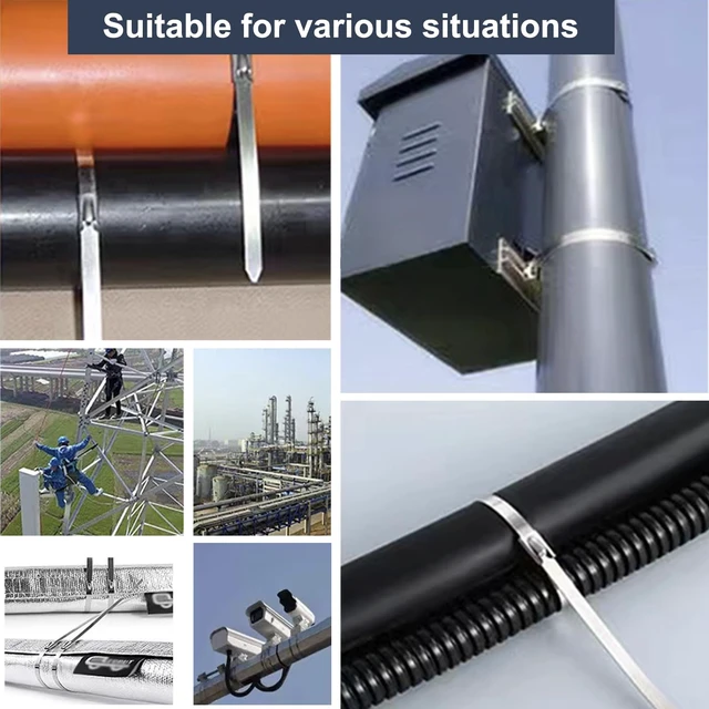 Alt view image 7 of 7 - 100-Pack Metal Zip Ties 11.8 inch, Heavy Duty 304 Stainless Steel Self-Locking Cable Ties for Outdoor Use, Multifunctional Cable Ties for Exhaust Wrap, Chain Link Fence Parts, Farms, Pipes