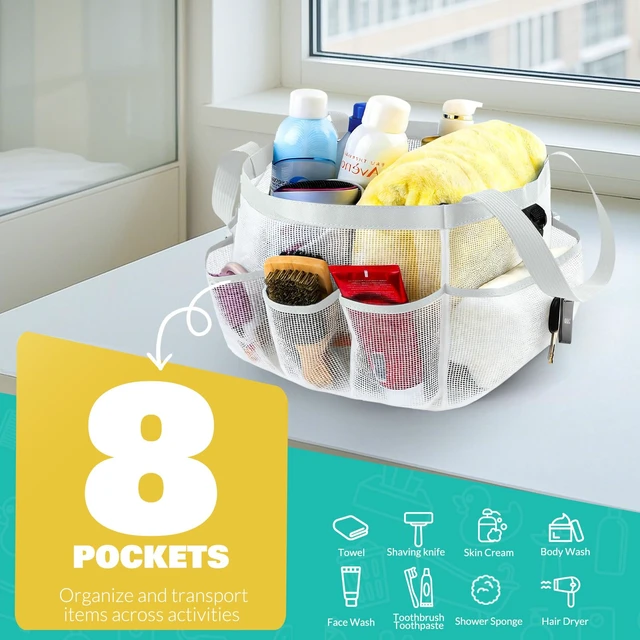 Alt view image 3 of 7 - Mesh Shower Caddy Portable for College Dorm Room Essentials with 8 Pockets, Shower Bag for Beach, Swimming, Gym, Travel, Bathroom(All white)