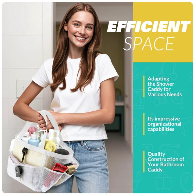 Alt view image 6 of 7 - Mesh Shower Caddy Portable for College Dorm Room Essentials with 8 Pockets, Shower Bag for Beach, Swimming, Gym, Travel, Bathroom(All white)