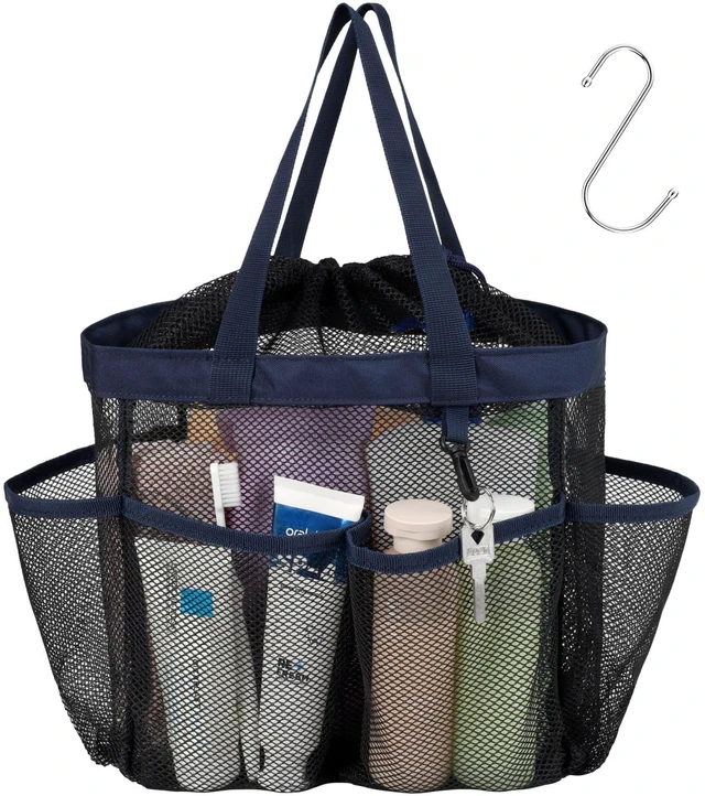 Main image of 2-Handle Shower Bag for Dorm | 8 Deep Pockets, S-Hook, Quick-Dry Mesh, College Dorm Room Essentials for Girls, Camping, Gym, Travel & Bathroom, Dark Blue