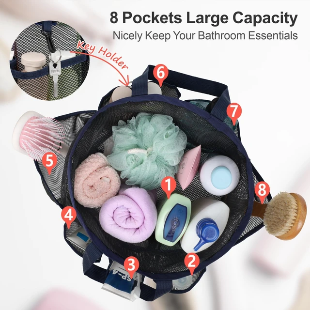 Alt view image 2 of 7 - 2-Handle Shower Bag for Dorm | 8 Deep Pockets, S-Hook, Quick-Dry Mesh, College Dorm Room Essentials for Girls, Camping, Gym, Travel & Bathroom, Dark Blue