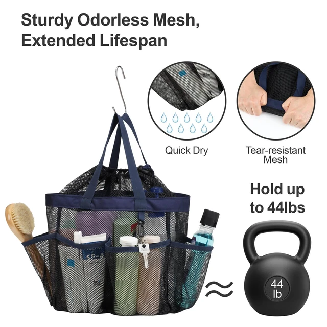 Alt view image 4 of 7 - 2-Handle Shower Bag for Dorm | 8 Deep Pockets, S-Hook, Quick-Dry Mesh, College Dorm Room Essentials for Girls, Camping, Gym, Travel & Bathroom, Dark Blue