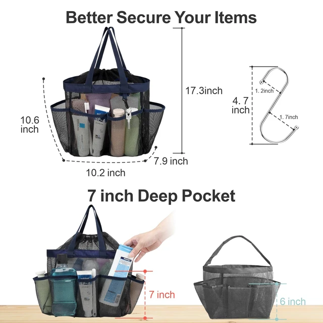 Alt view image 5 of 7 - 2-Handle Shower Bag for Dorm | 8 Deep Pockets, S-Hook, Quick-Dry Mesh, College Dorm Room Essentials for Girls, Camping, Gym, Travel & Bathroom, Dark Blue