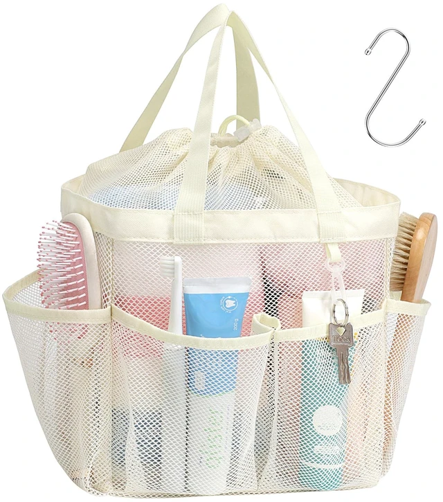 Main image of 2-Handle Shower Bag for Dorm | 8 Deep Pockets, S-Hook, Quick-Dry Mesh, College Dorm Room Essentials for Girls, Camping, Gym, Travel & Bathroom, Butter White