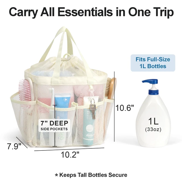 Alt view image 3 of 7 - 2-Handle Shower Bag for Dorm | 8 Deep Pockets, S-Hook, Quick-Dry Mesh, College Dorm Room Essentials for Girls, Camping, Gym, Travel & Bathroom, Butter White