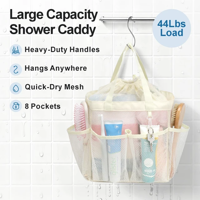Alt view image 4 of 7 - 2-Handle Shower Bag for Dorm | 8 Deep Pockets, S-Hook, Quick-Dry Mesh, College Dorm Room Essentials for Girls, Camping, Gym, Travel & Bathroom, Butter White