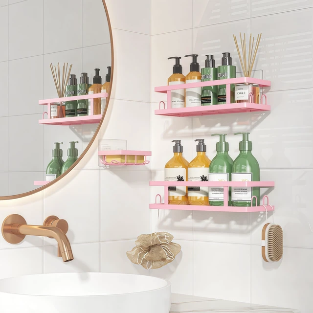 Alt view image 4 of 4 - 3 Pack | Shower Shelves, Stronger Adhesive, Soap Holder and 12 Hooks, No Drilling, Bathroom Organizer and Storage