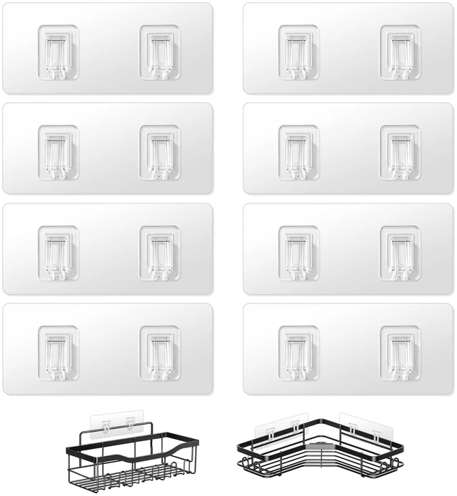 Main image of Shower Caddy Adhesive Replacement Hooks, Heavy Duty Waterproof Strips, No Drilling for Bathroom Shelves, Kitchen Racks, and Soap Holders (Transparent-8Pack 2Hook)