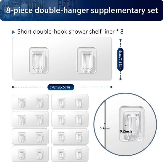 Alt view image 3 of 7 - Shower Caddy Adhesive Replacement Hooks, Heavy Duty Waterproof Strips, No Drilling for Bathroom Shelves, Kitchen Racks, and Soap Holders (Transparent-8Pack 2Hook)
