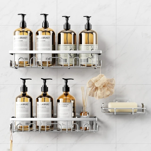 Main image of Shower Caddy, 3 Pack Shower Shelves for Inside Bathroom, Rustproof Adhesive Bathroom Organizer with Soap Holder, No Drilling Washroom Organizers and Storage for Tub Room/Kitchen/Home, Silver