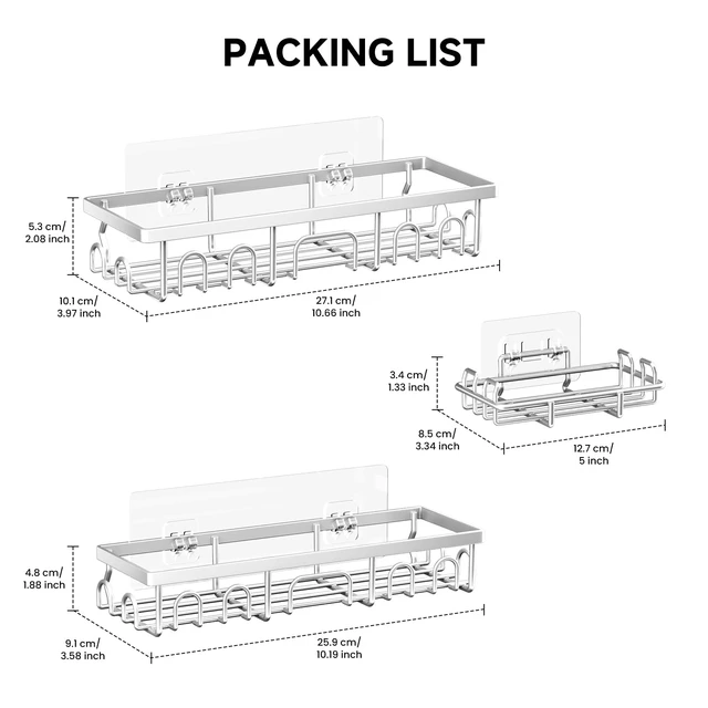 Alt view image 2 of 7 - Shower Caddy, 3 Pack Shower Shelves for Inside Bathroom, Rustproof Adhesive Bathroom Organizer with Soap Holder, No Drilling Washroom Organizers and Storage for Tub Room/Kitchen/Home, Silver