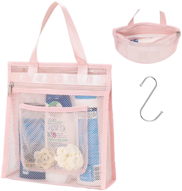 Main image of Zipper Gym Shower Bag for Travel, Pink | 3 Pockets, Quick-Dry Mesh, S-Hook, Hanging Shower Caddy for Toiletry Essentials, Bathroom & Camping