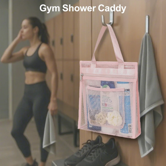 Alt view image 2 of 7 - Zipper Gym Shower Bag for Travel, Pink | 3 Pockets, Quick-Dry Mesh, S-Hook, Hanging Shower Caddy for Toiletry Essentials, Bathroom & Camping