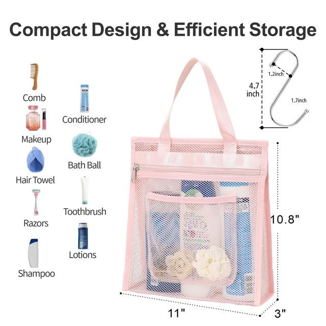 Alt view image 3 of 7 - Zipper Gym Shower Bag for Travel, Pink | 3 Pockets, Quick-Dry Mesh, S-Hook, Hanging Shower Caddy for Toiletry Essentials, Bathroom & Camping