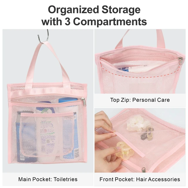 Alt view image 4 of 7 - Zipper Gym Shower Bag for Travel, Pink | 3 Pockets, Quick-Dry Mesh, S-Hook, Hanging Shower Caddy for Toiletry Essentials, Bathroom & Camping