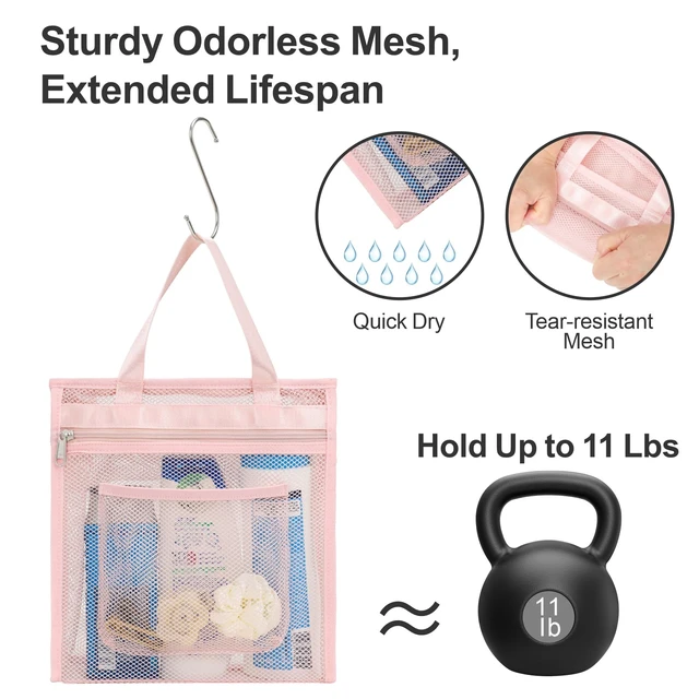 Alt view image 5 of 7 - Zipper Gym Shower Bag for Travel, Pink | 3 Pockets, Quick-Dry Mesh, S-Hook, Hanging Shower Caddy for Toiletry Essentials, Bathroom & Camping