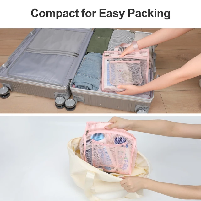 Alt view image 6 of 7 - Zipper Gym Shower Bag for Travel, Pink | 3 Pockets, Quick-Dry Mesh, S-Hook, Hanging Shower Caddy for Toiletry Essentials, Bathroom & Camping