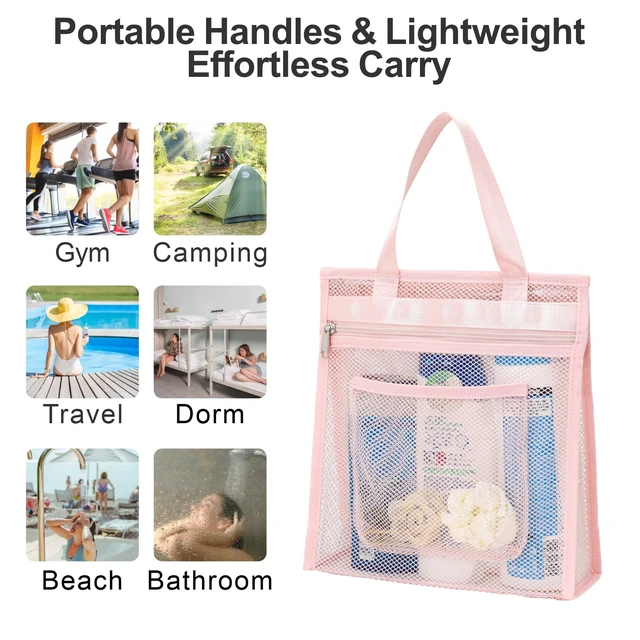Alt view image 7 of 7 - Zipper Gym Shower Bag for Travel, Pink | 3 Pockets, Quick-Dry Mesh, S-Hook, Hanging Shower Caddy for Toiletry Essentials, Bathroom & Camping