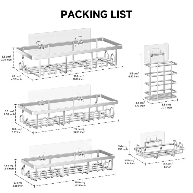 Alt view image 2 of 7 - 5 Pack Shower Shelves for Inside Bathroom, Rustproof Adhesive Bathroom Organizer with Soap Holder, No Drilling Washroom Organizers and Storage for Bathtub Room, Matte silver