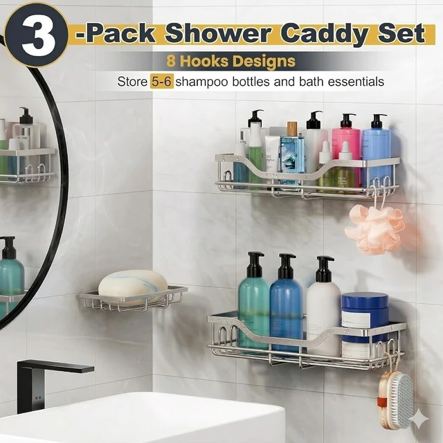 Alt view image 6 of 6 - 3-Pack Shower Caddy with Soap Holder, Adhesive Rustproof No-drill Strudy Loading Inside Shower Organizer Shelves Rack Storage Bathroom Organization for Smooth Wall Glass Tile, Black (XX-Large)